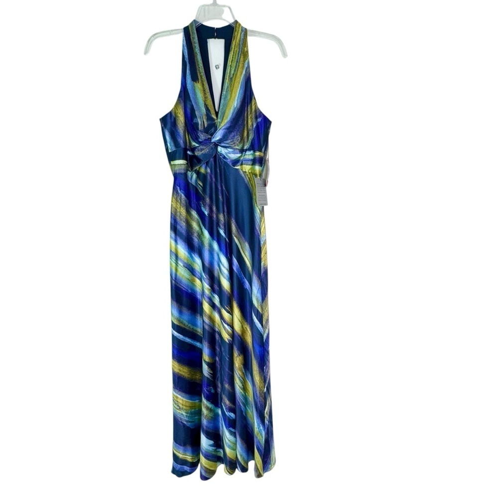 NWT Vince Camuto Abstract Print Knot Front Satin Halter Gown in Multi Size 8 - Picture 4 of 14
